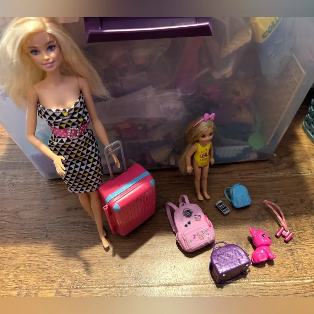 Barbie & Chelsea dolls travel misc set suitcase, pink bulldog